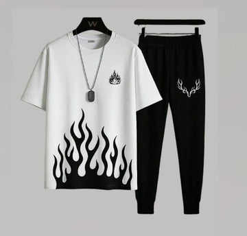 Men Flame Print Track Suit White Black Micro Interlock