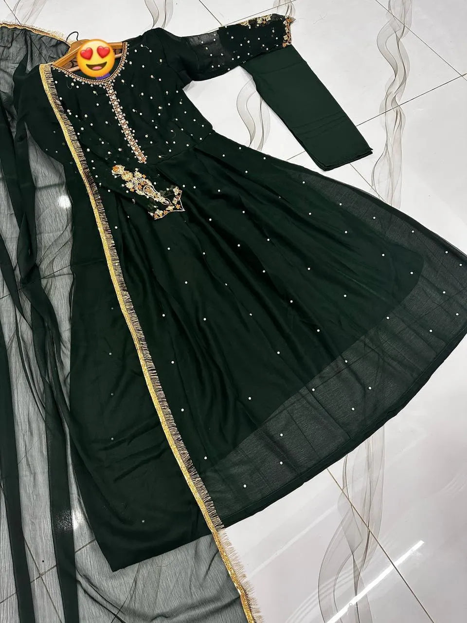 Green Embroidered Chiffon Maxi Set with Dupatta