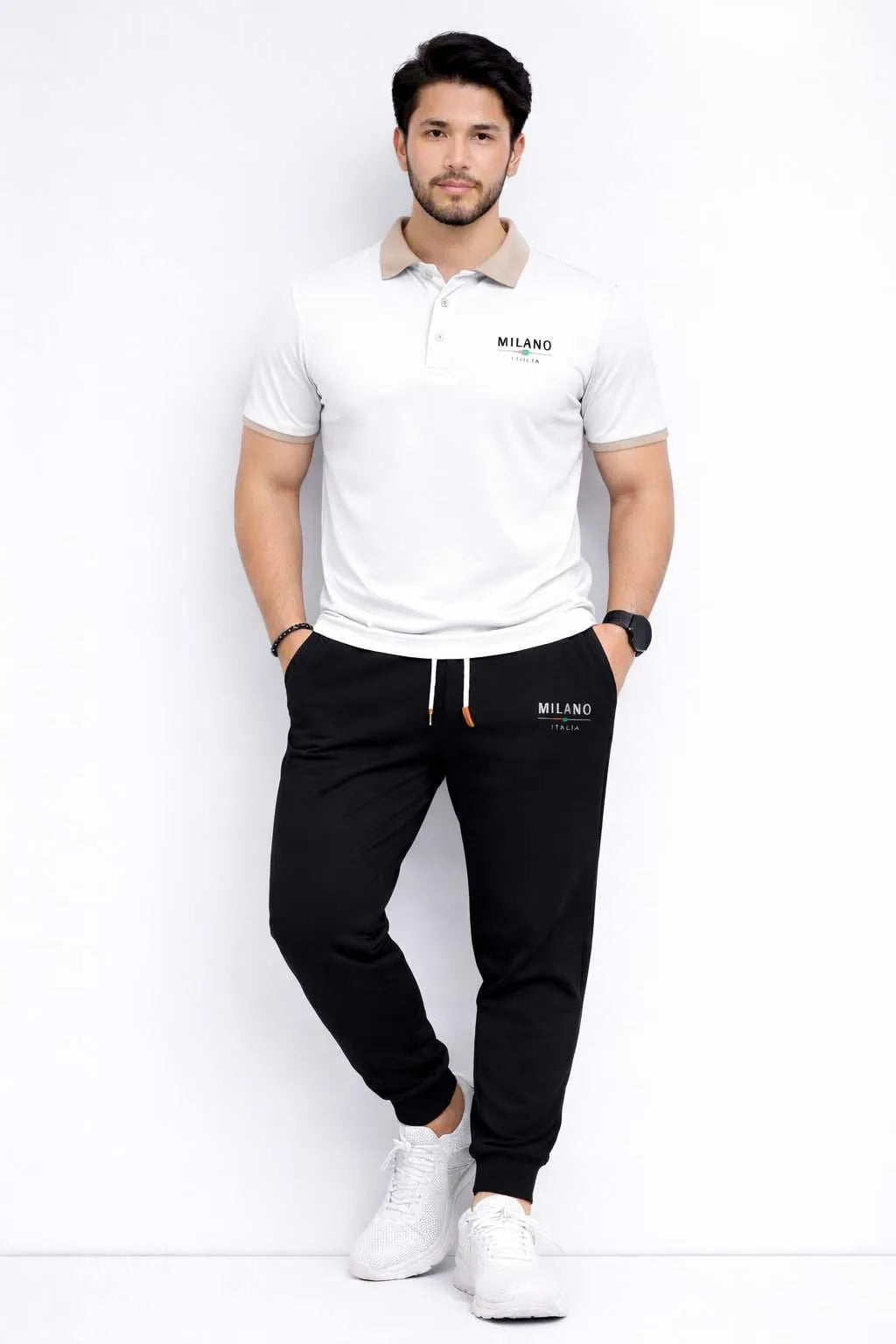 Men Printed Track Suit Set White Black MILANO Polyester