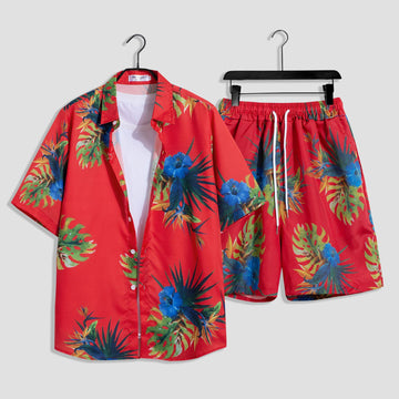 Men's Tropical Print Beach Suit Red Loose Plus Size