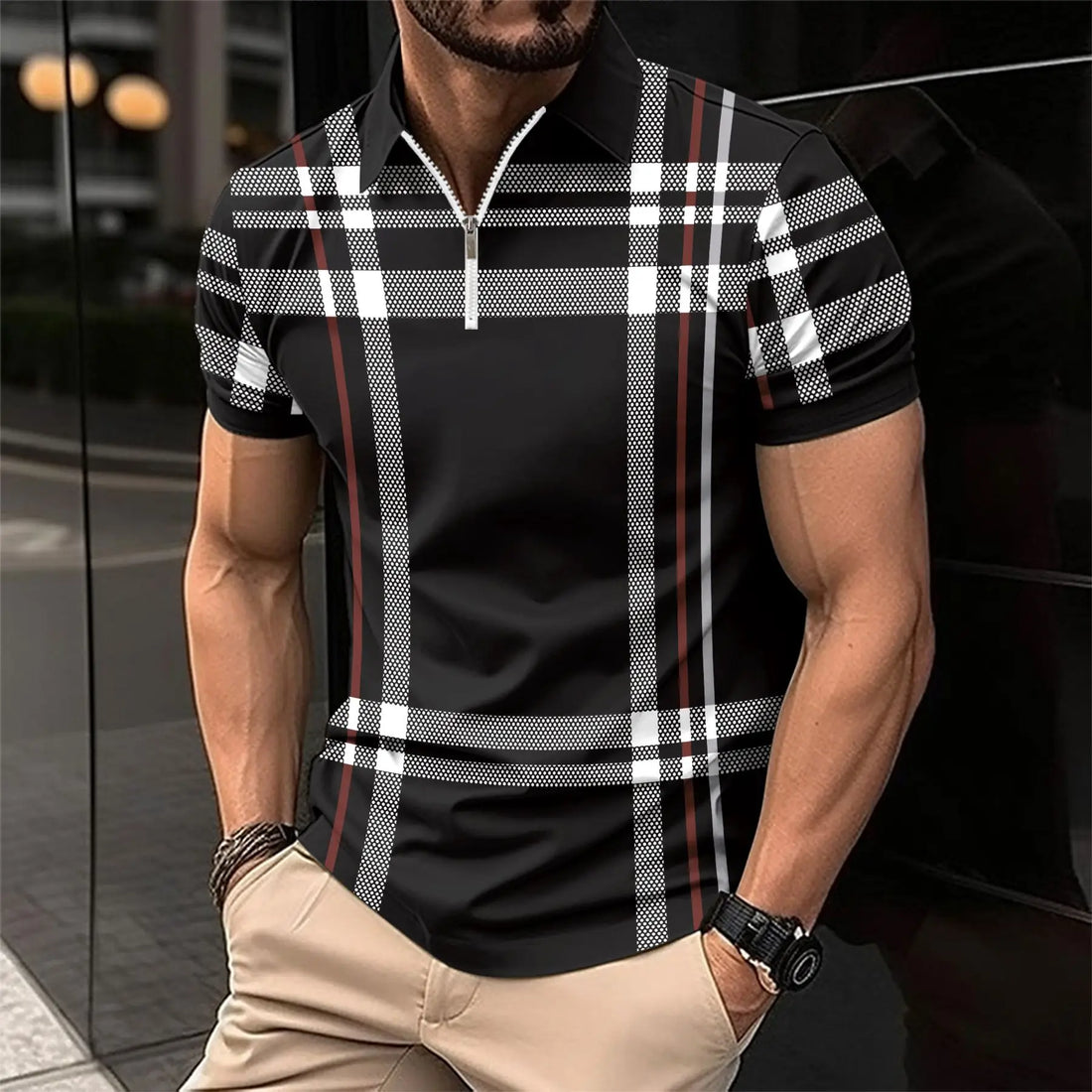 Men Blue Plaid Zip Polo Shirt Short Sleeve