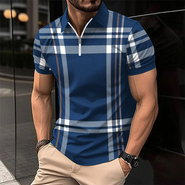 Men Blue Plaid Zip Polo Shirt Short Sleeve